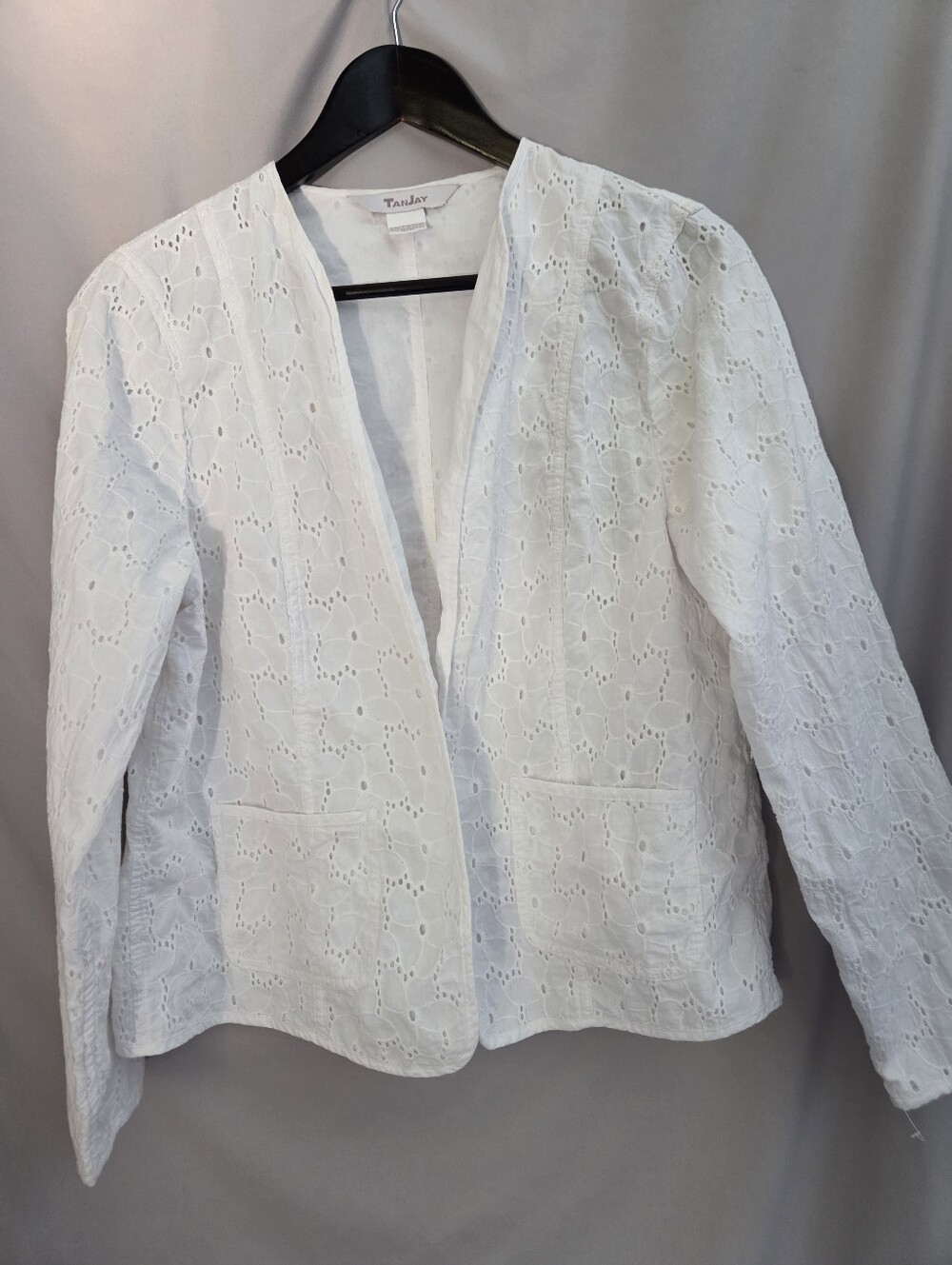TanJay White Eyelet Collarless Open-Front Blazer